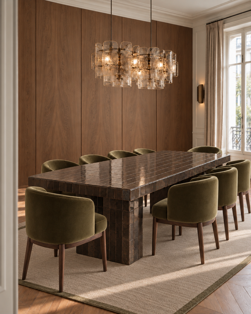 Almica No. 02 Dining Table in chocolate polished porcelain tile in a warm modern dining room