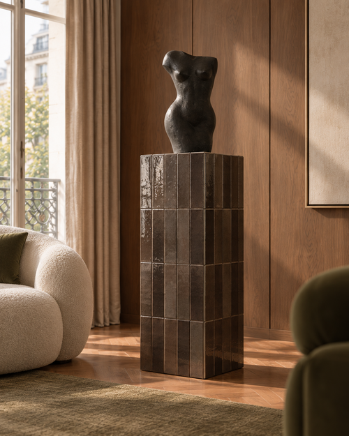 Almica No. 03 Pedestal in chocolate polished porcelain tile with a sculptural object