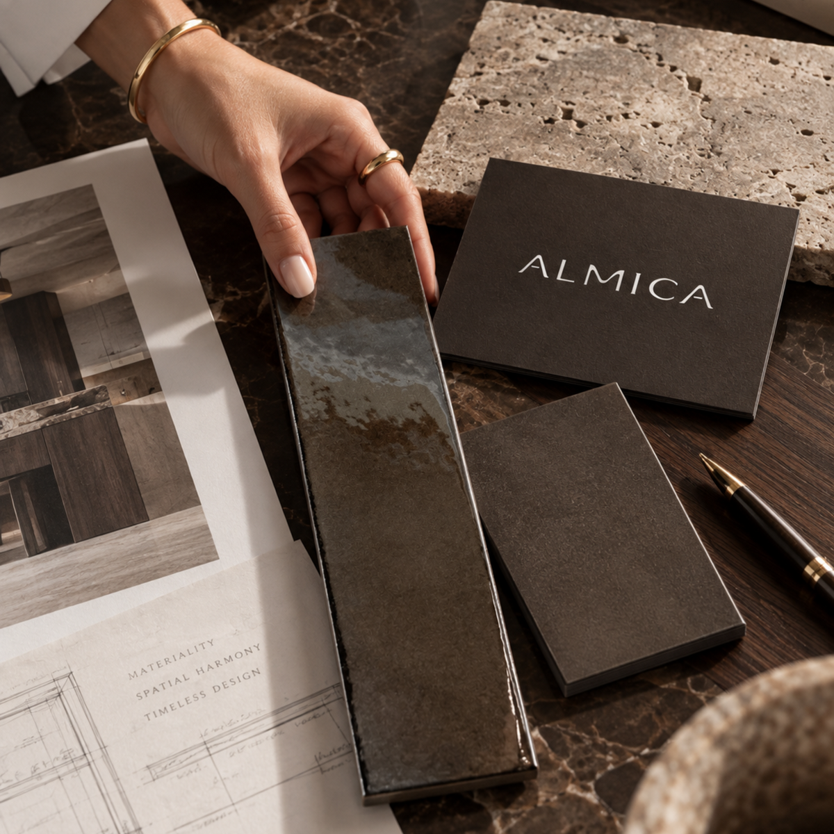 Chocolate tile samples and an ALMICA material palette.