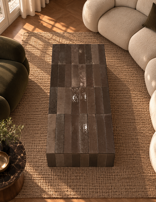 Sera chocolate tile coffee table in a sunlit living room