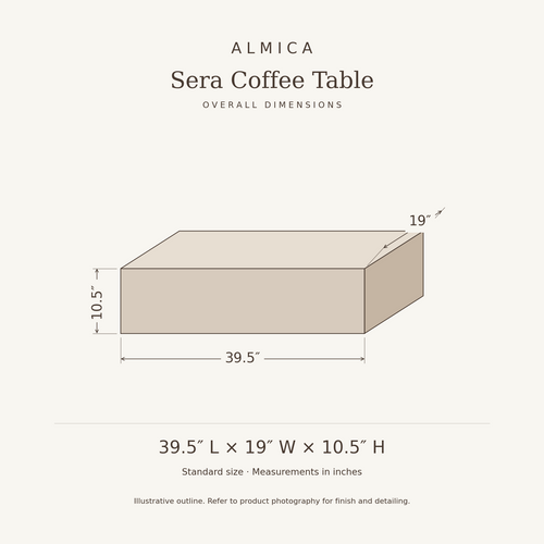 Sera Coffee Table overall dimensions: 39.5 inches long, 19 inches wide, 10.5 inches high. Illustrative dimension drawing.