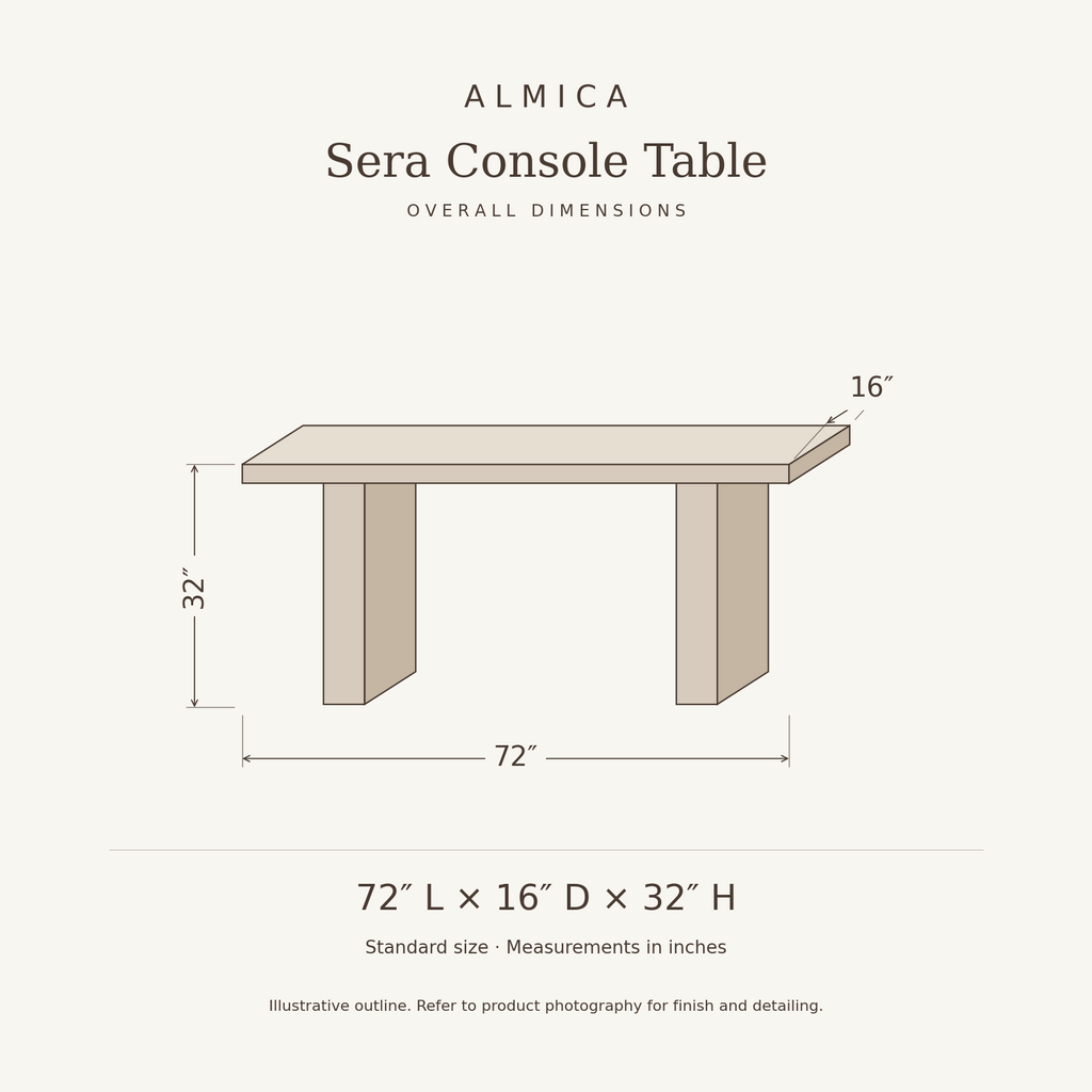 Sera Console Table overall dimensions: 72 inches long, 16 inches deep, 32 inches high. Illustrative dimension drawing.