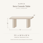 Sera Console Table overall dimensions: 72 inches long, 16 inches deep, 32 inches high. Illustrative dimension drawing.