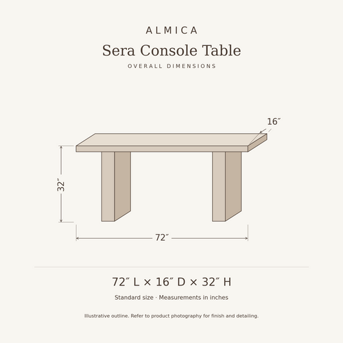 Sera Console Table overall dimensions: 72 inches long, 16 inches deep, 32 inches high. Illustrative dimension drawing.