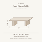 Sera Dining Table overall dimensions: 96 inches long, 42 inches wide, 30 inches high. Illustrative dimension drawing.