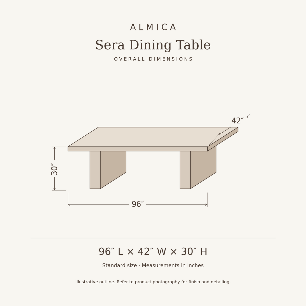 Sera Dining Table overall dimensions: 96 inches long, 42 inches wide, 30 inches high. Illustrative dimension drawing.
