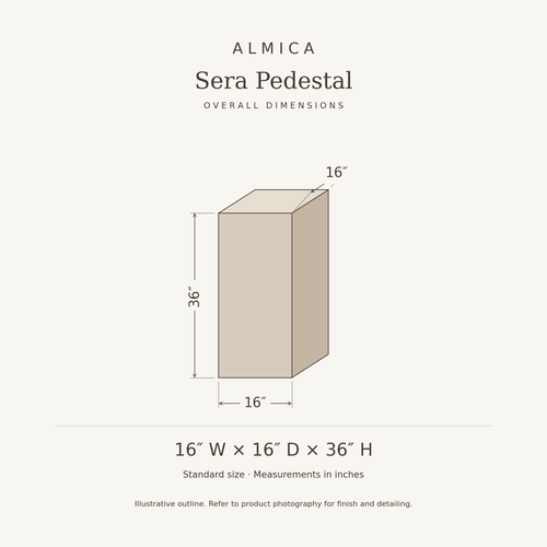 Sera Pedestal overall dimensions: 16 inches wide, 16 inches deep, 36 inches high. Illustrative dimension drawing.